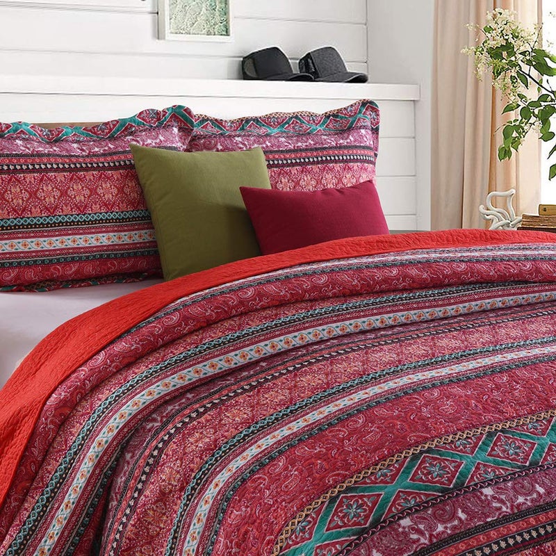 NEWLAKE Cotton Bedspread Quilt Sets-Reversible Patchwork Coverlet Set, Striped Bohemian Pattern,Queen Size - Image 2